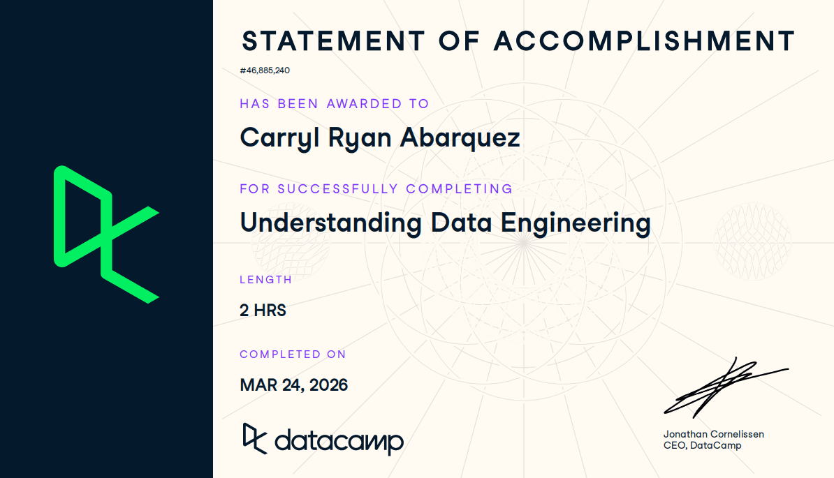 DataCamp certificate for Understanding Data Engineering