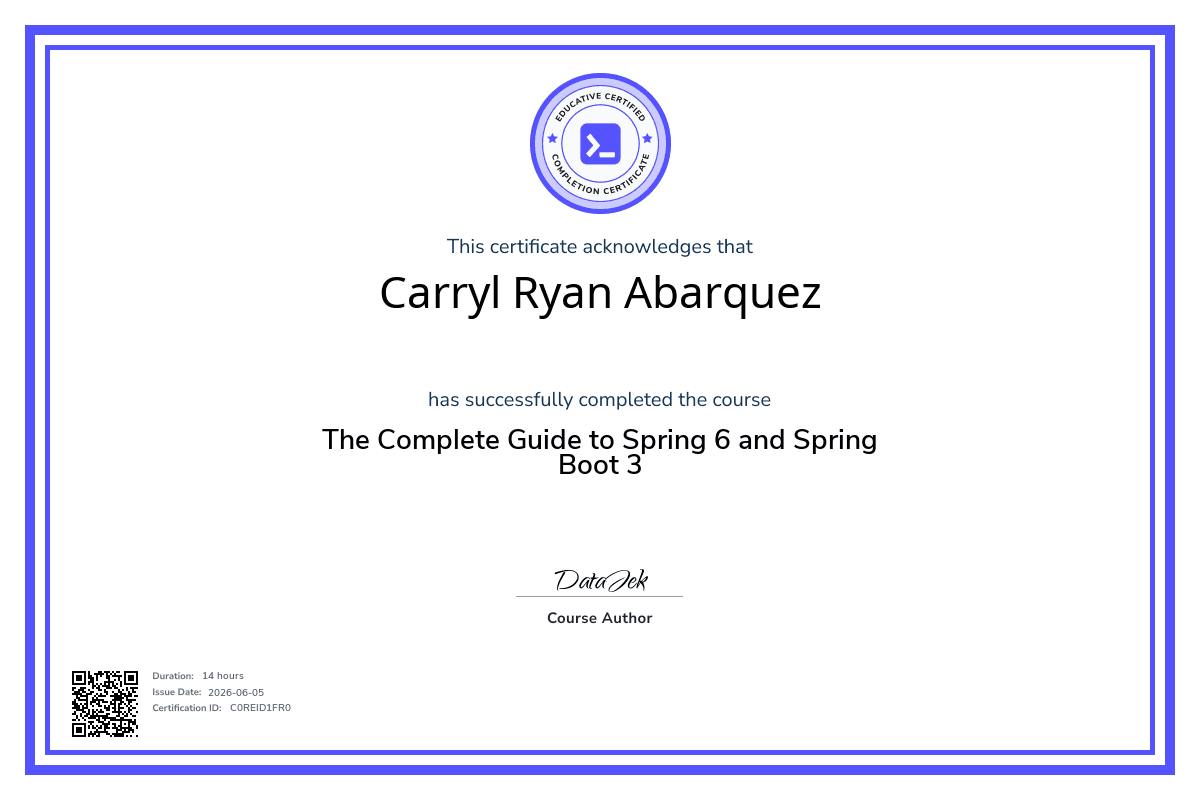 Educative certificate for The Complete Guide to Spring 6 and Spring Boot 3