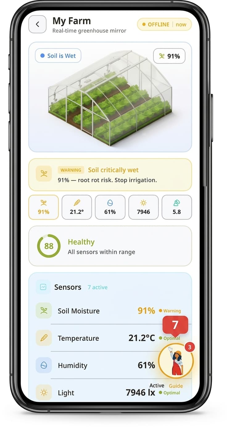 RÉCOLTES mobile app showing the My Farm digital twin view with real-time sensor readings for soil moisture, temperature, humidity, and light